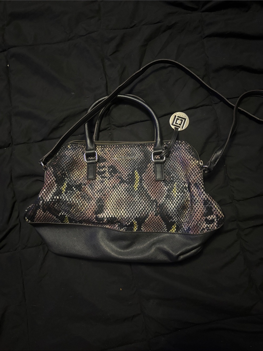 Black Mixed-Print Satchel Handbag